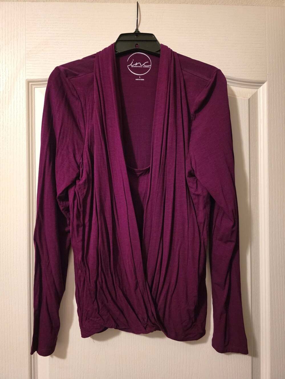 INC International Concepts Purple Draped Open Front Long Sleeve Top L
